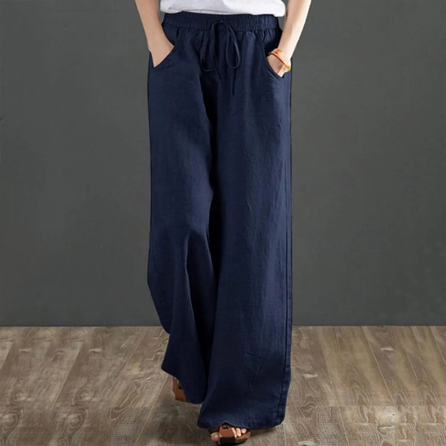 YOLAI Women's Cotton Linen Loose Pants Casual Wide Leg Trouser Solid Color High Waist Drawstring Trousers with Pockets