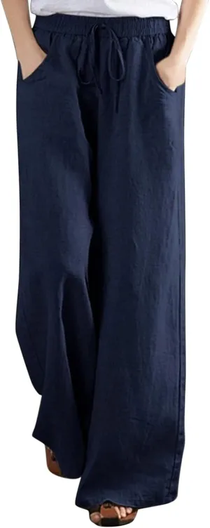 YOLAI Women's Cotton Linen Loose Pants Casual Wide Leg Trouser Solid Color High Waist Drawstring Trousers with Pockets