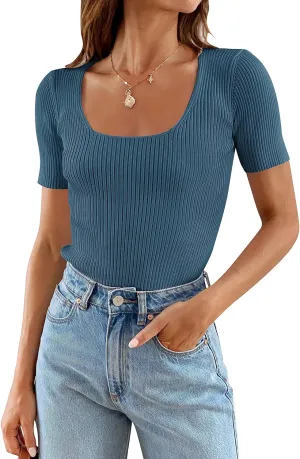 ZESICA Women's 2025 Short Sleeve Square Neck T Shirts Slim Fitted Summer Ribbed Knit Basic Casual Tee Tops