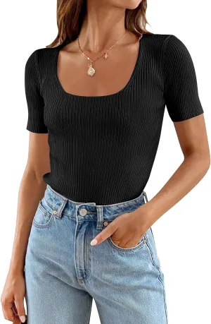 ZESICA Women's 2025 Short Sleeve Square Neck T Shirts Slim Fitted Summer Ribbed Knit Basic Casual Tee Tops